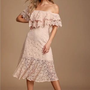 Jacklyn Plush Link Lace Off the Shoulder Midi Dress